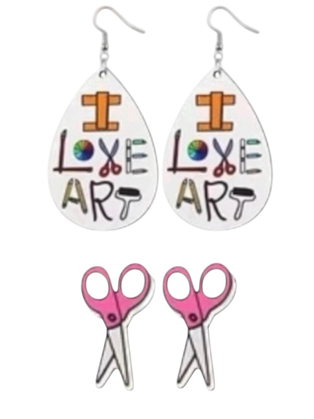I Love Art Drop Earrings with Pink Scissor Studs